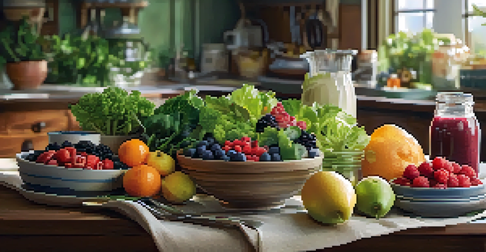 A colorful plate filled with healthy foods like greens, berries, and grains on a wooden table in a sunny kitchen.