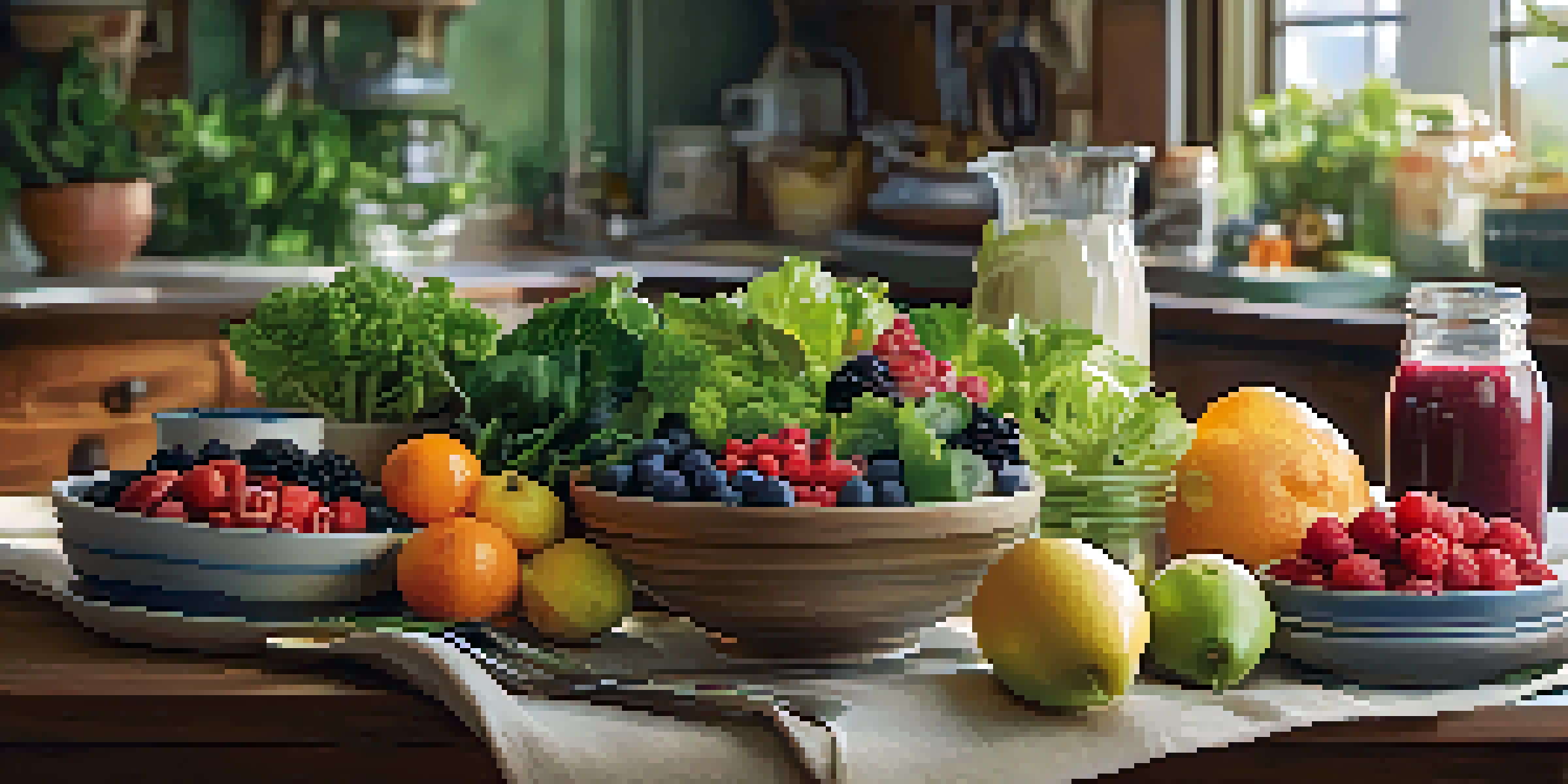 A colorful plate filled with healthy foods like greens, berries, and grains on a wooden table in a sunny kitchen.