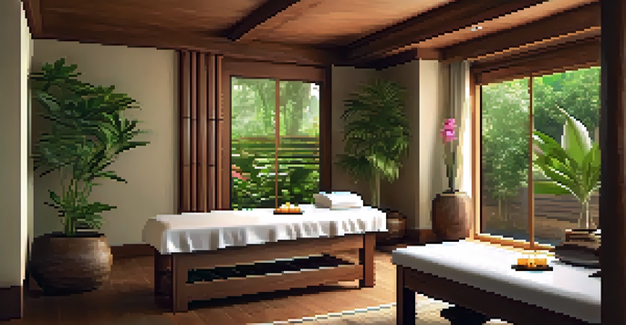 A tranquil Ayurvedic spa room with soft lighting, wooden decor, and a massage table decorated with flowers and oils, surrounded by greenery.