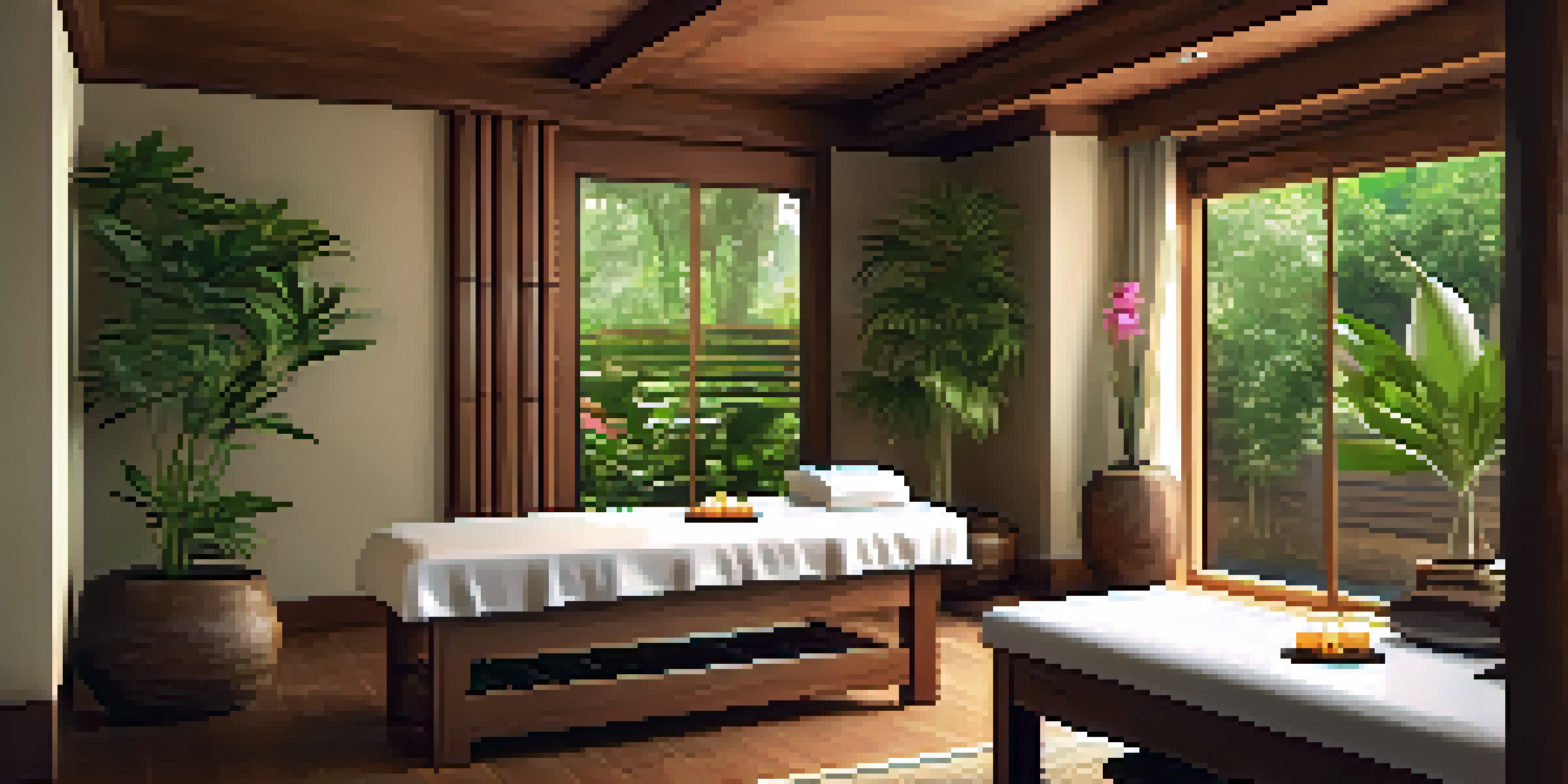 A tranquil Ayurvedic spa room with soft lighting, wooden decor, and a massage table decorated with flowers and oils, surrounded by greenery.