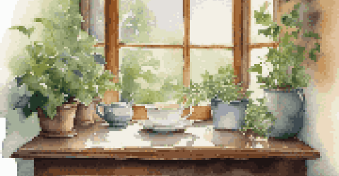 A cozy nook with a steaming cup of tea on a table, surrounded by green plants and sunlight coming through a window.