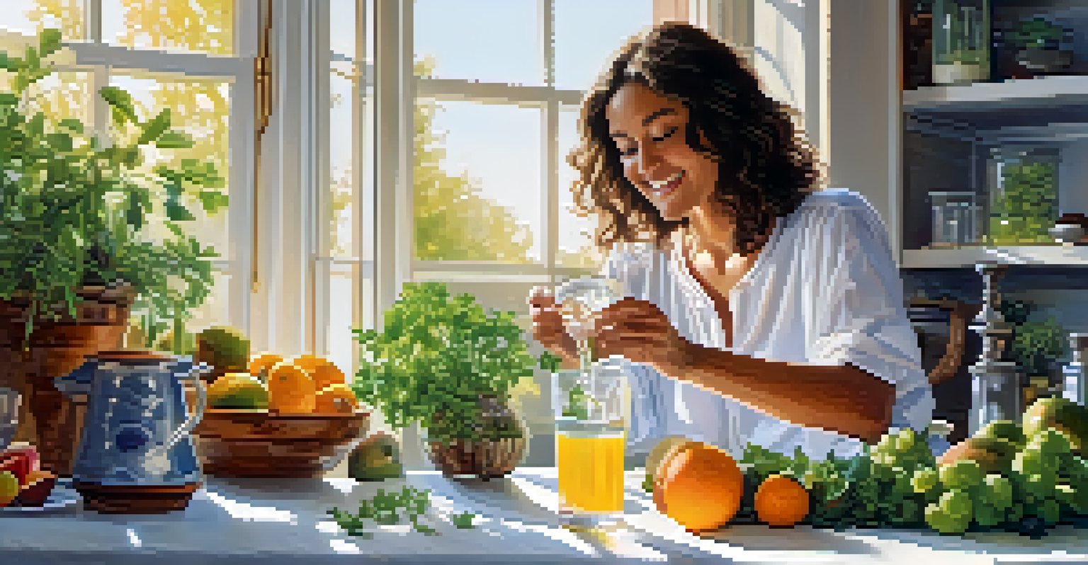 A peaceful kitchen with a person pouring water into a glass, surrounded by fresh fruits and sunlight, emphasizing mindful hydration before a meal.