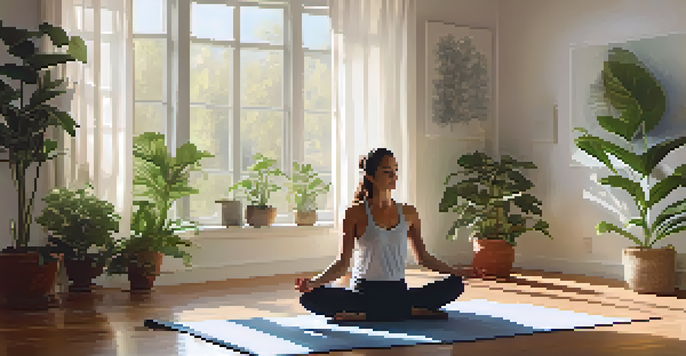 A person practicing yoga in a sunlit room with plants and cushions, creating a calming atmosphere.