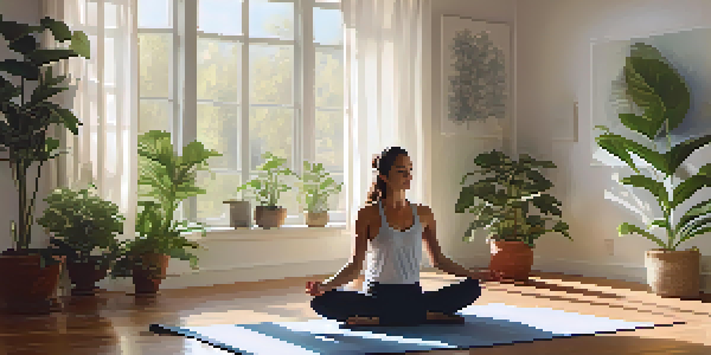 A person practicing yoga in a sunlit room with plants and cushions, creating a calming atmosphere.