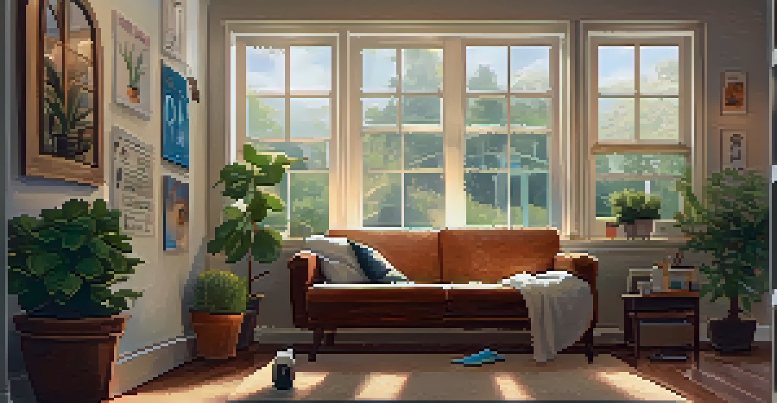 A teenager sitting on a sofa, looking at a smartphone in a cozy, well-lit room filled with plants and motivational posters.