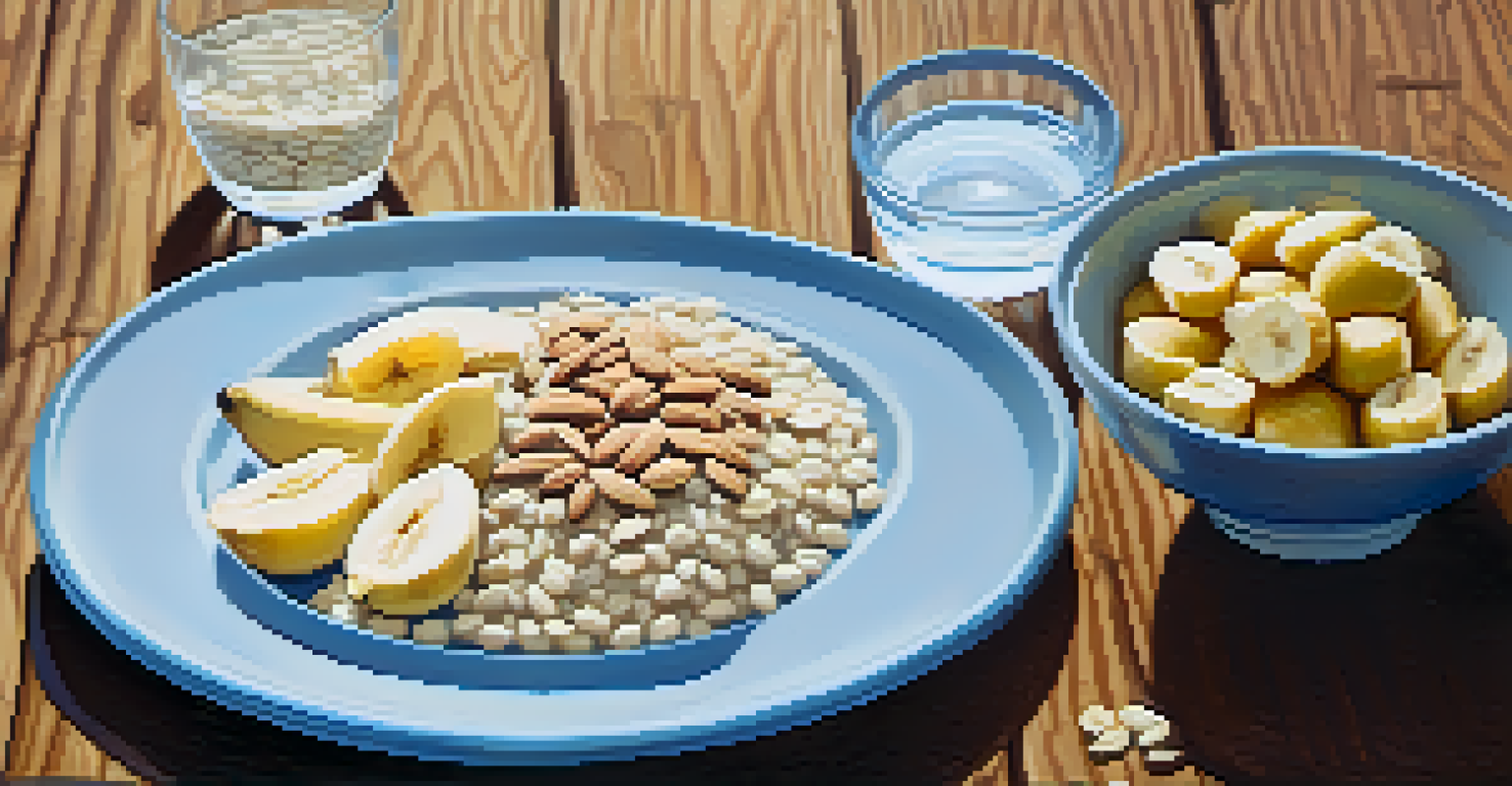 A well-balanced meal with almonds, bananas, and oatmeal on a wooden table, highlighting the role of nutrition in sleep quality.