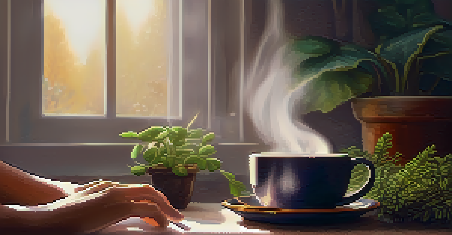 A person's hands holding a steaming cup of tea in a cozy room with plants in the background.