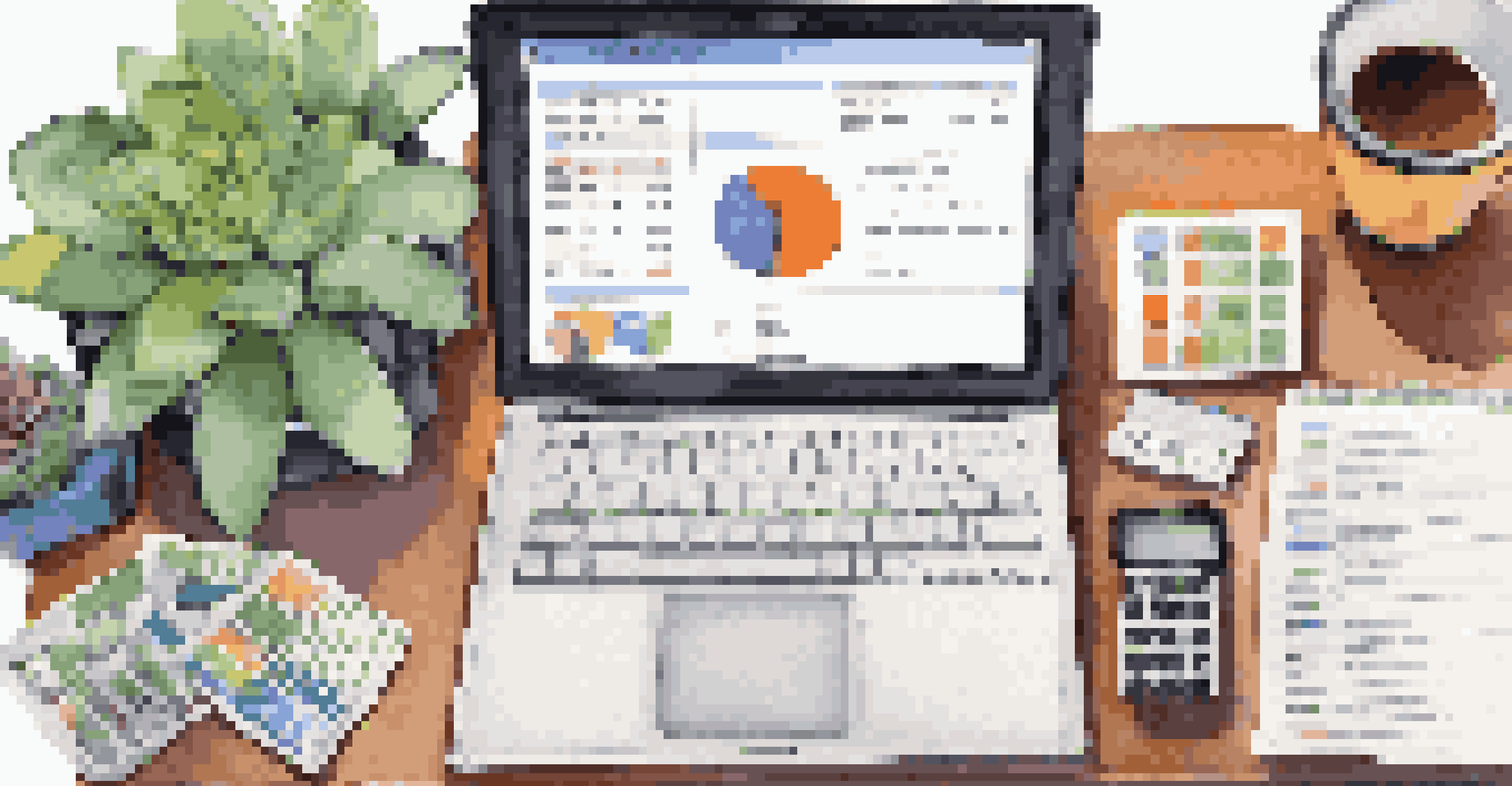 An overhead view of a budgeting setup with a laptop, calculator, sticky notes, and a tea cup, all on a bright workspace.