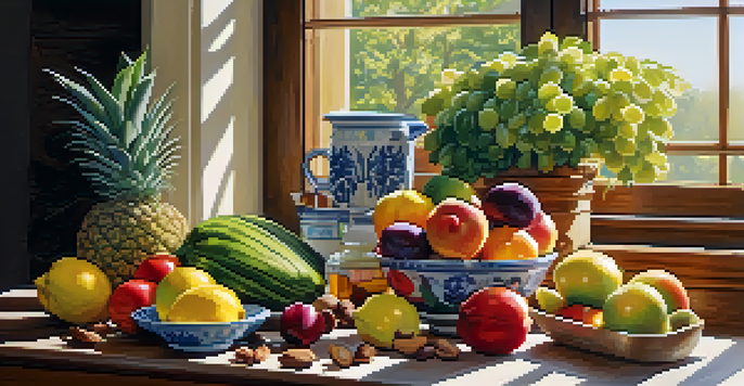 A bright kitchen with colorful fruits and vegetables on a wooden countertop, illuminated by sunlight.
