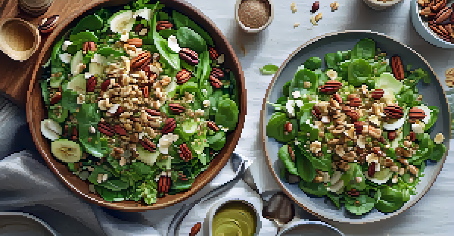 An overhead view of a fresh salad topped with nuts and seeds, showcasing a colorful and healthy meal.