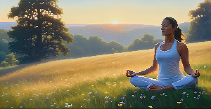 A person practicing yoga on a grassy hill at sunrise, surrounded by wildflowers and trees.