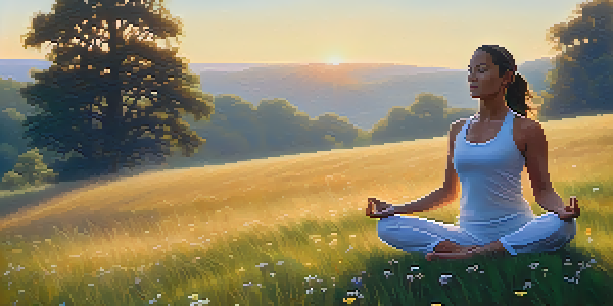 A person practicing yoga on a grassy hill at sunrise, surrounded by wildflowers and trees.