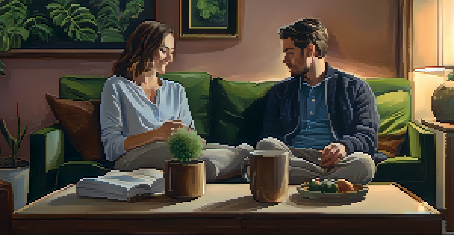 Two individuals having a deep conversation on a couch, surrounded by a cozy indoor environment with warm lighting.