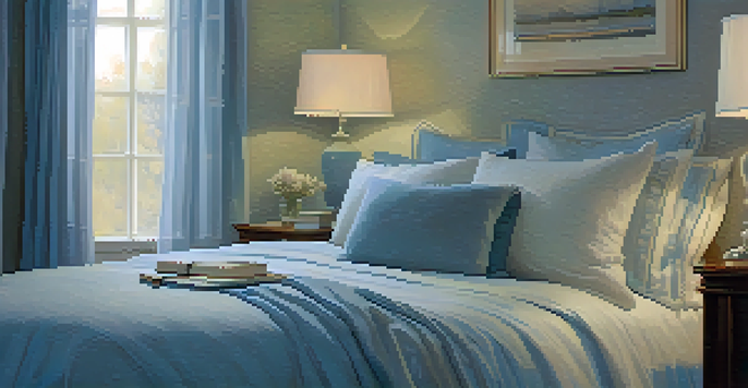 A peaceful bedroom at twilight with a made bed, bedside table, glowing lamp, and soft curtains, creating a tranquil atmosphere.