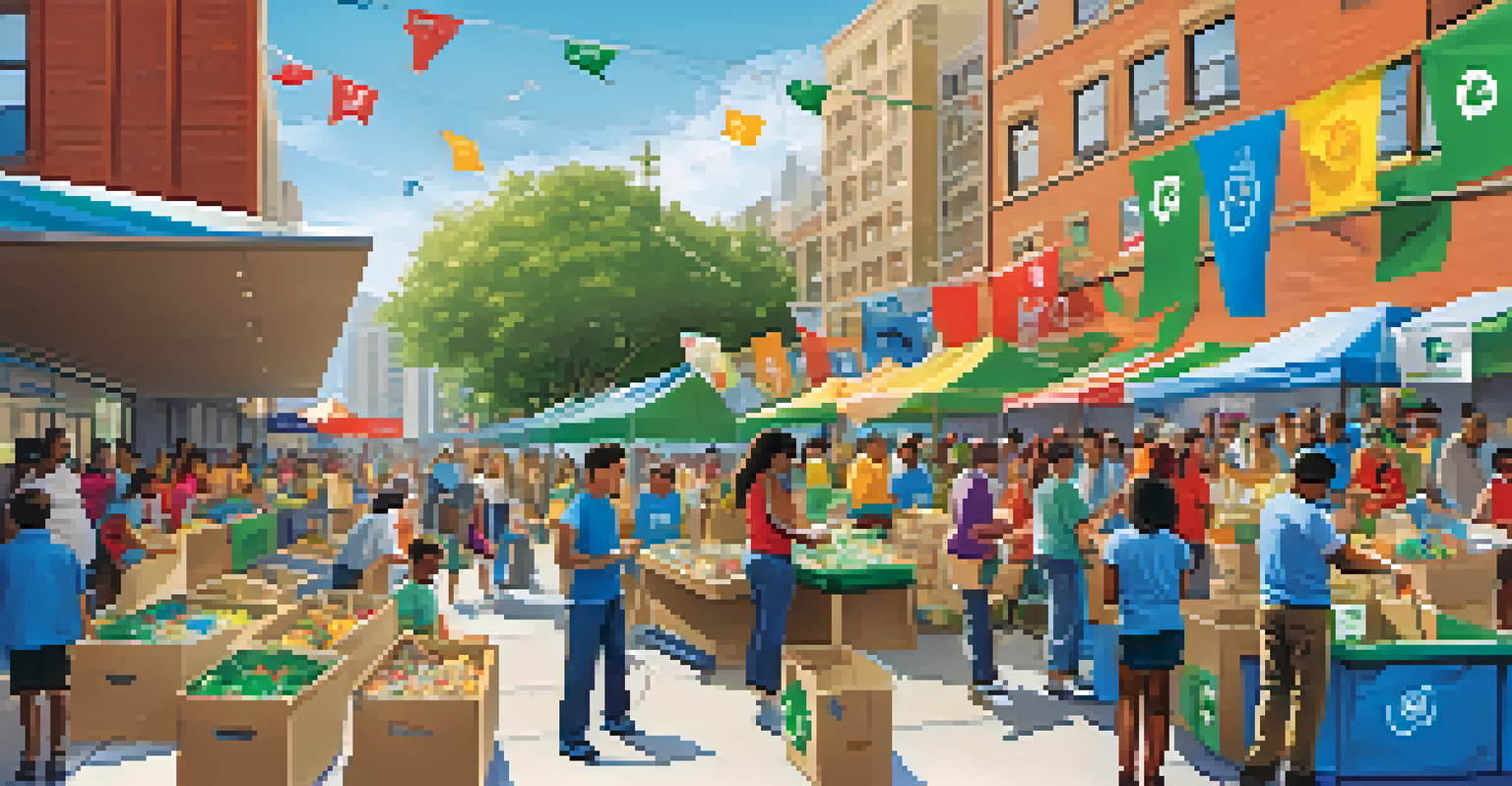 A lively outdoor community event focused on recycling, featuring diverse people participating in activities and colorful banners.