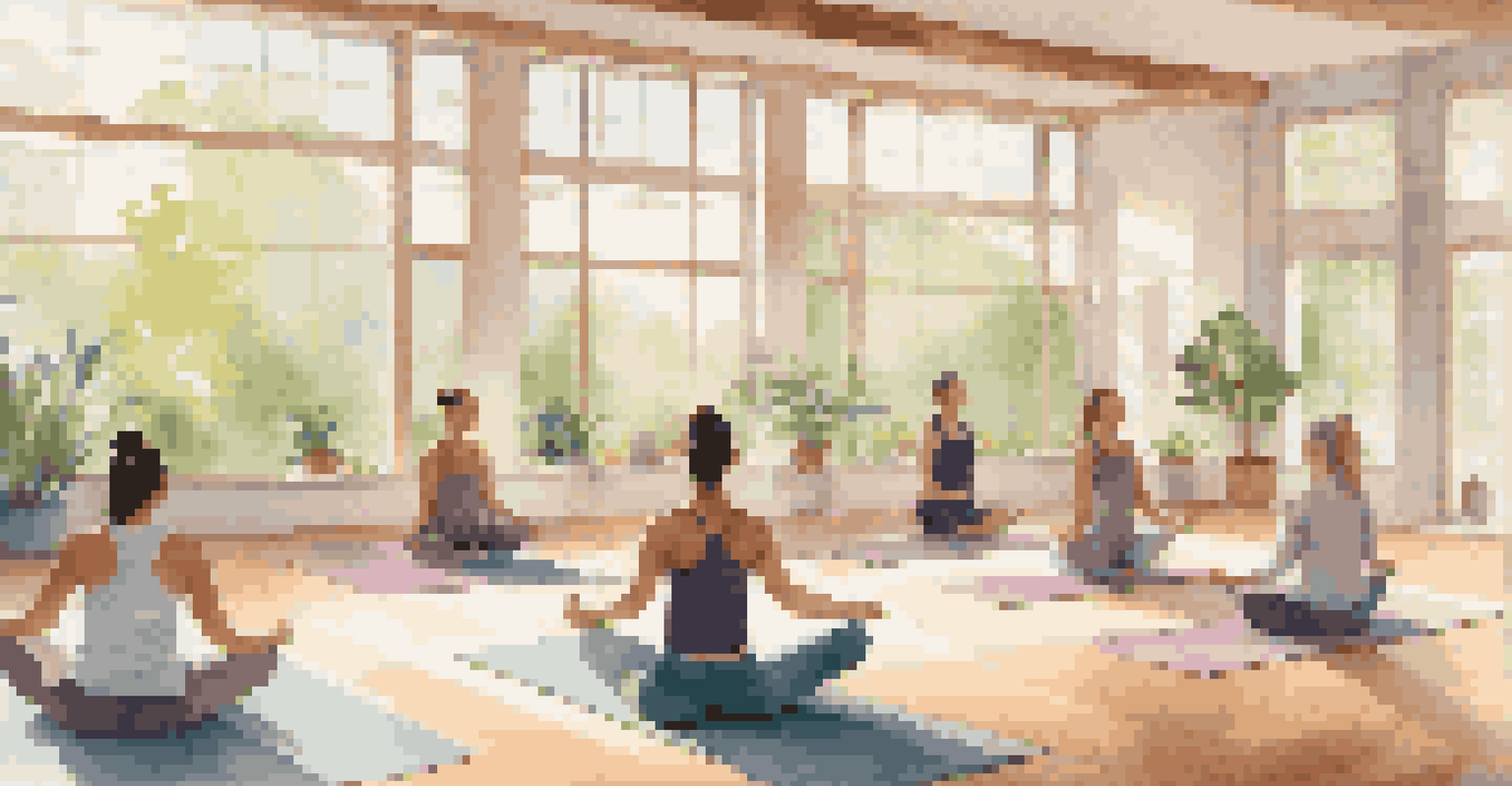 A bright yoga studio with participants practicing yoga poses, large windows, and calming decor.