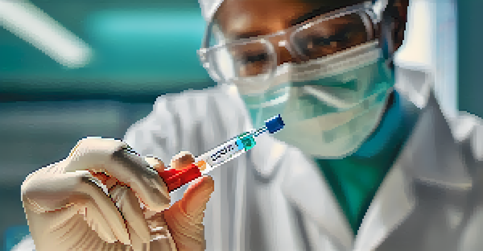 A healthcare professional preparing a COVID-19 vaccine in a clinical setting, with a syringe and vial in focus.
