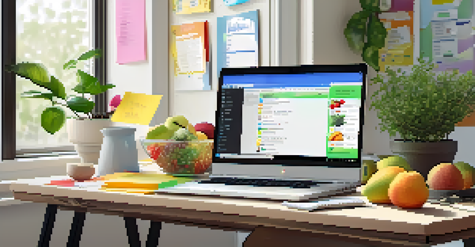 A bright desk of a health coach featuring a laptop, wellness books, and healthy snacks, with sunlight streaming through a window.