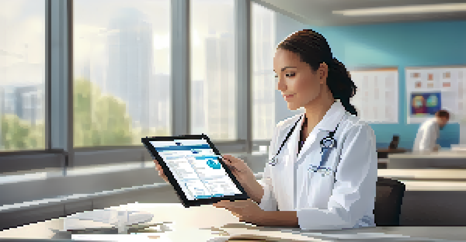A healthcare professional examining a digital tablet with Electronic Health Records in a bright clinic.