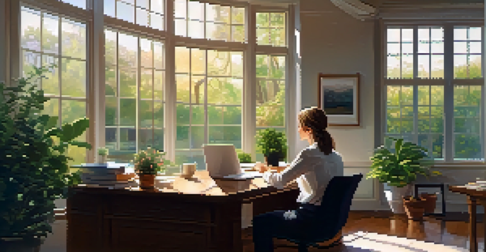 A person working at a desk in a serene office with a garden view, symbolizing work-life balance.