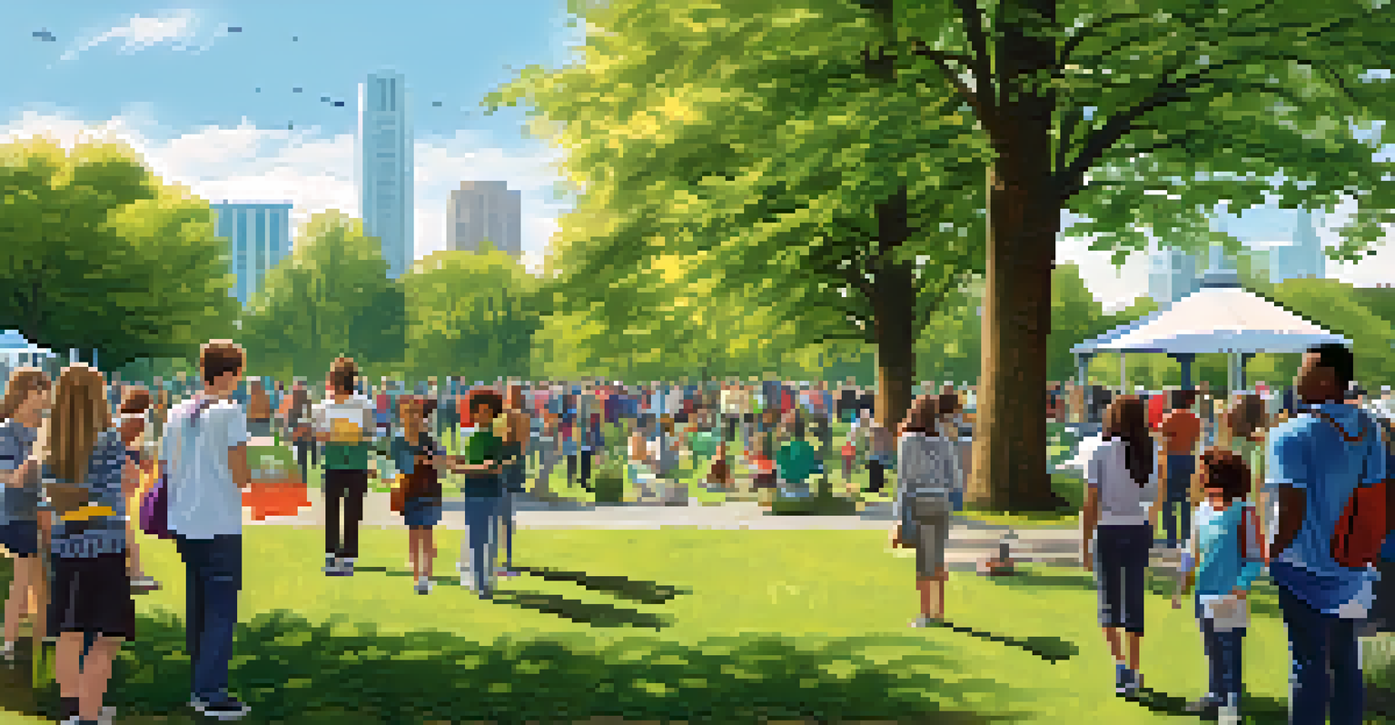 A lively outdoor mental health awareness event in a park, with banners and volunteers distributing pamphlets, surrounded by greenery and community members.