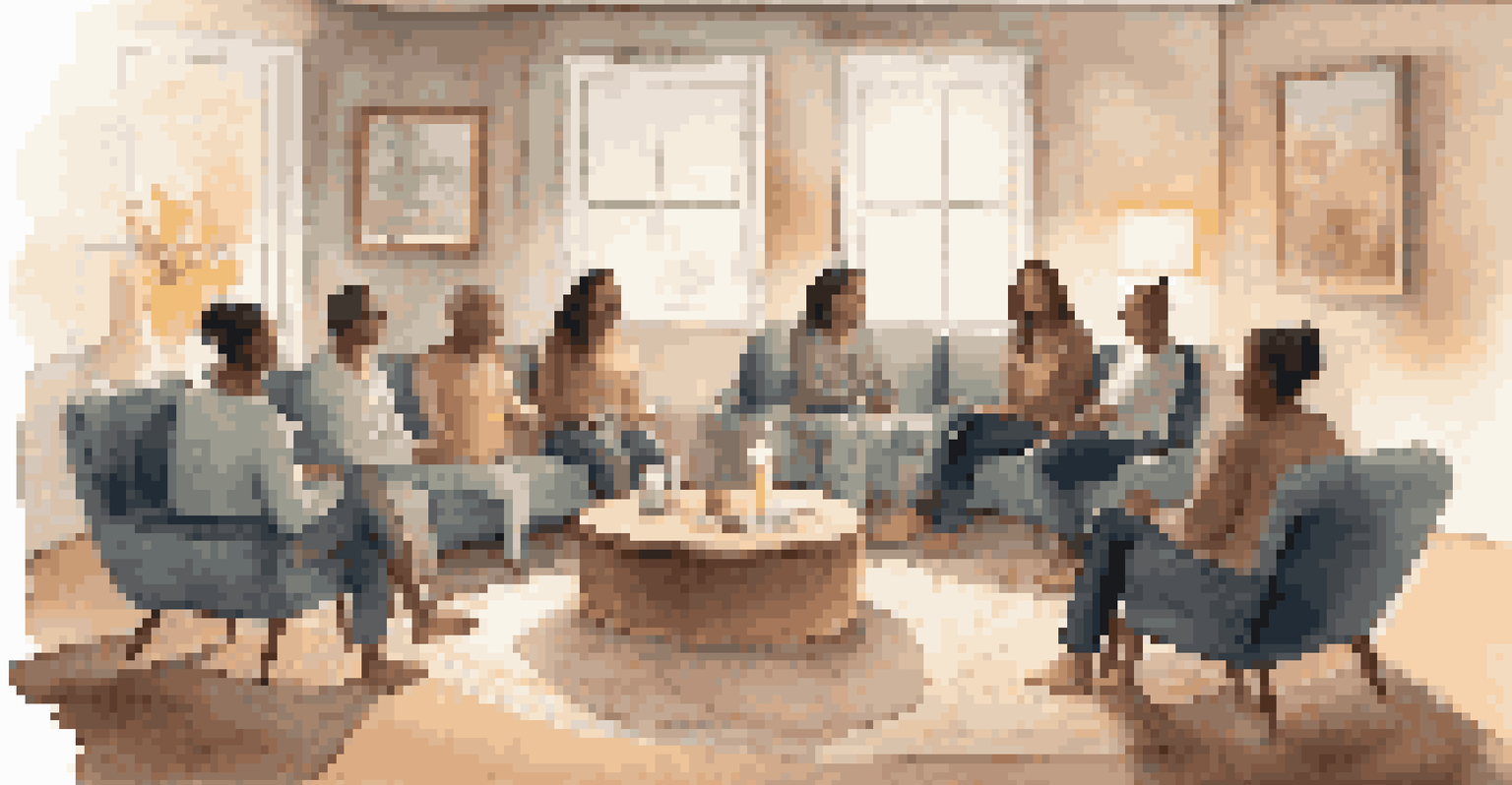 A group therapy session in a cozy room, with participants sitting in a circle and sharing experiences in a supportive environment.