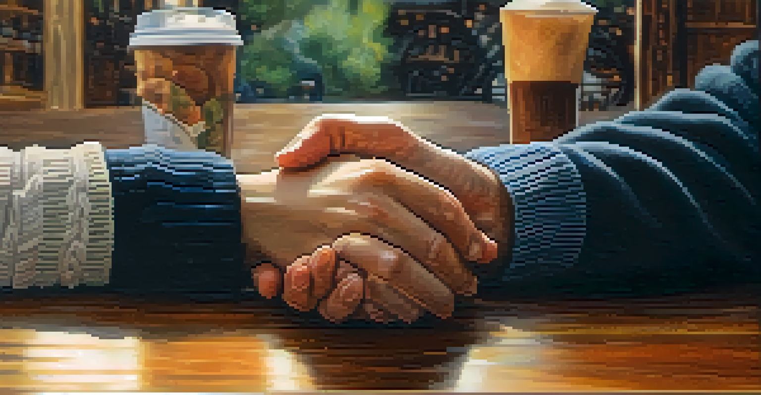 A close-up of two hands holding each other on a wooden table in a cozy café.