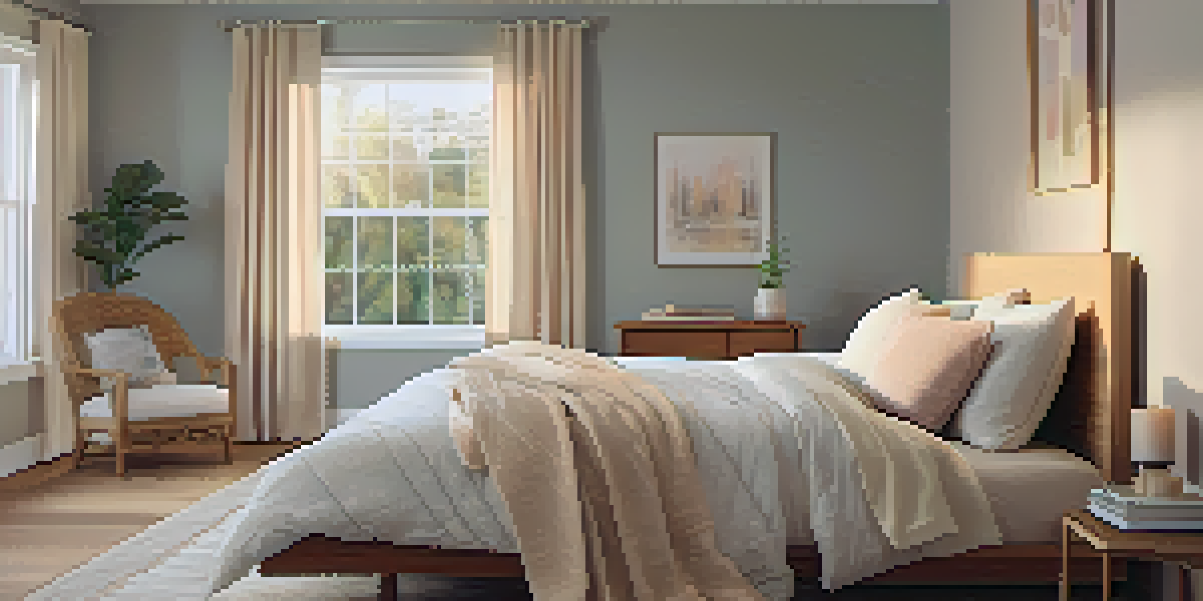 A peaceful bedroom with a neatly made bed, soft bedding, warm lighting, and a nightstand with a candle and book.