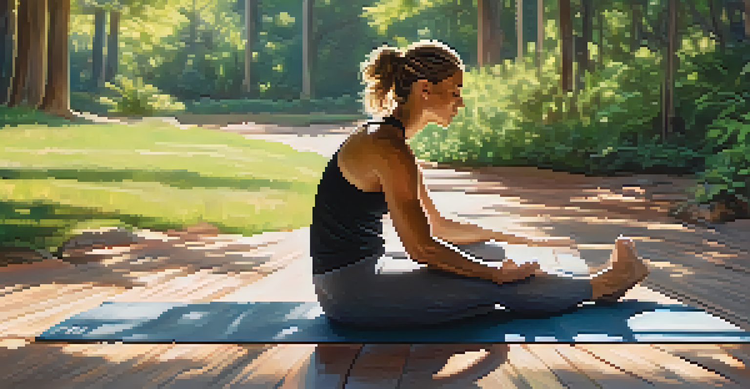 An athlete in a meditative pose on a yoga mat in a tranquil outdoor environment, surrounded by greenery.