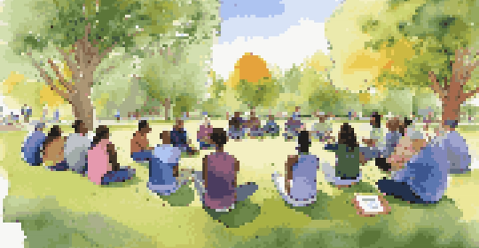 A group of diverse individuals participating in a community resilience training workshop in a sunny park, surrounded by nature.