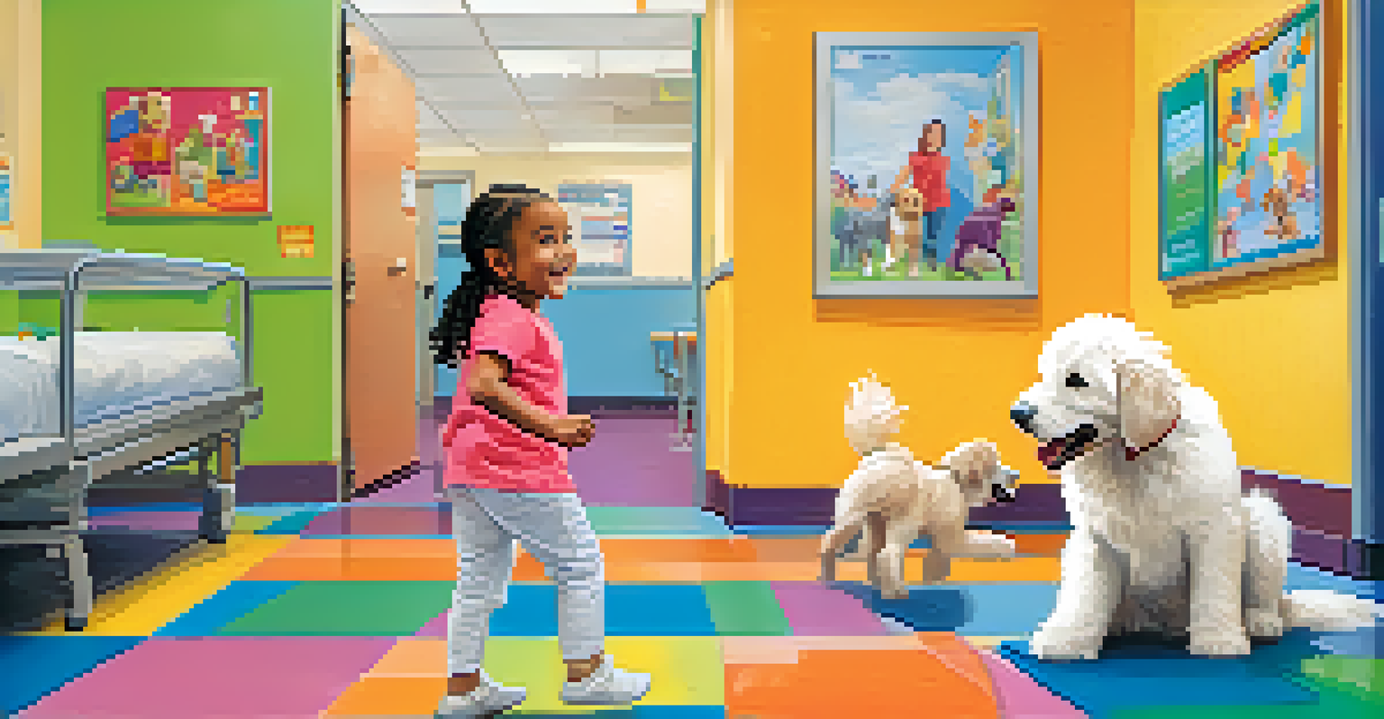 A young child joyfully playing with a playful therapy dog in a brightly decorated pediatric hospital room.