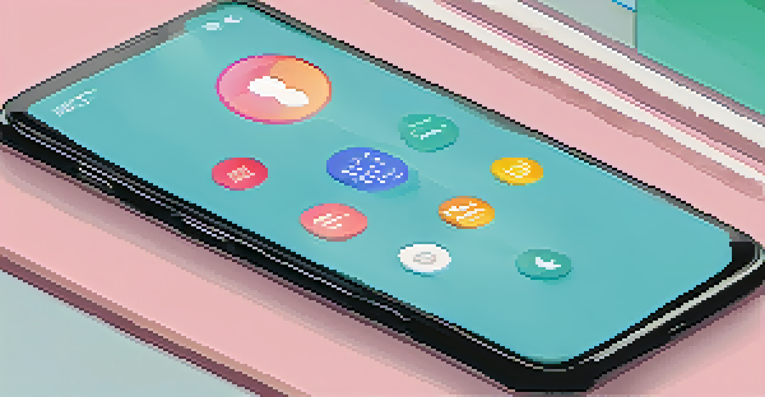 A smartphone showing a mental health app interface with calming colors and icons for resources, surrounded by technology symbols.