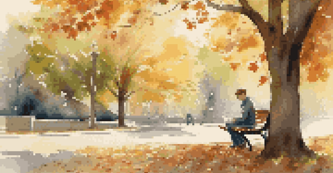 A person reading a book on a park bench surrounded by colorful autumn leaves, with sunlight filtering through the trees.