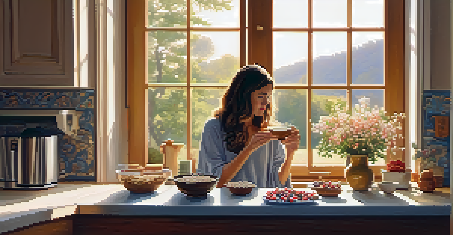A peaceful kitchen setting with a person enjoying a bowl of oatmeal, surrounded by natural light and flowers.