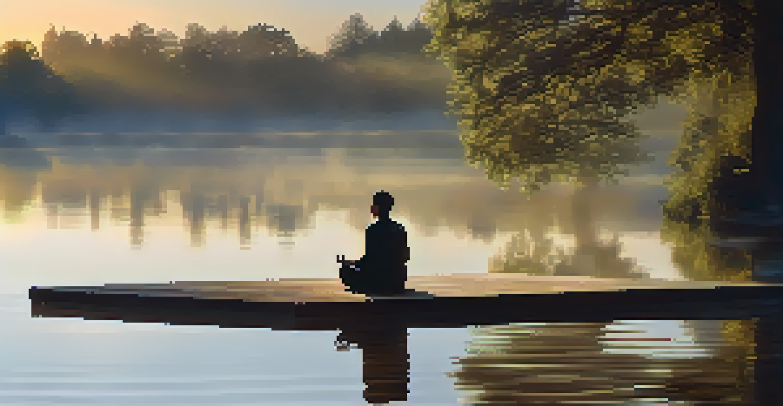 A person meditating by a serene lake, holding a glass of water, with mist and trees reflecting in the water.