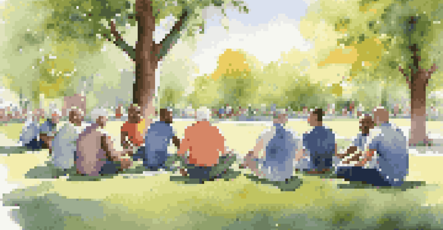 A group of men in a park sharing experiences in a supportive health group meeting.