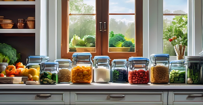 A well-organized kitchen showcasing meal prep containers and colorful fresh vegetables in glass jars, with natural light streaming in.