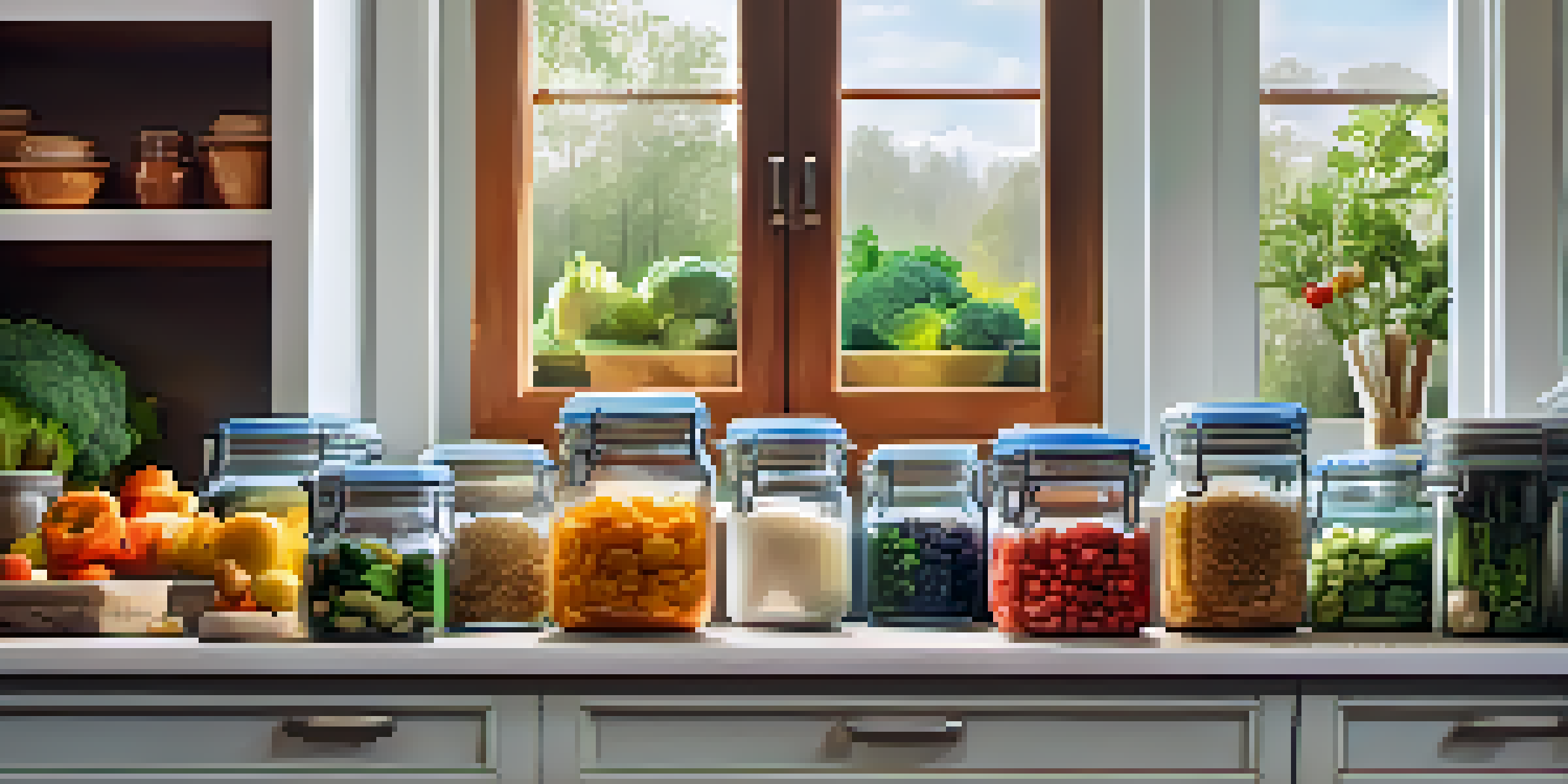 A well-organized kitchen showcasing meal prep containers and colorful fresh vegetables in glass jars, with natural light streaming in.