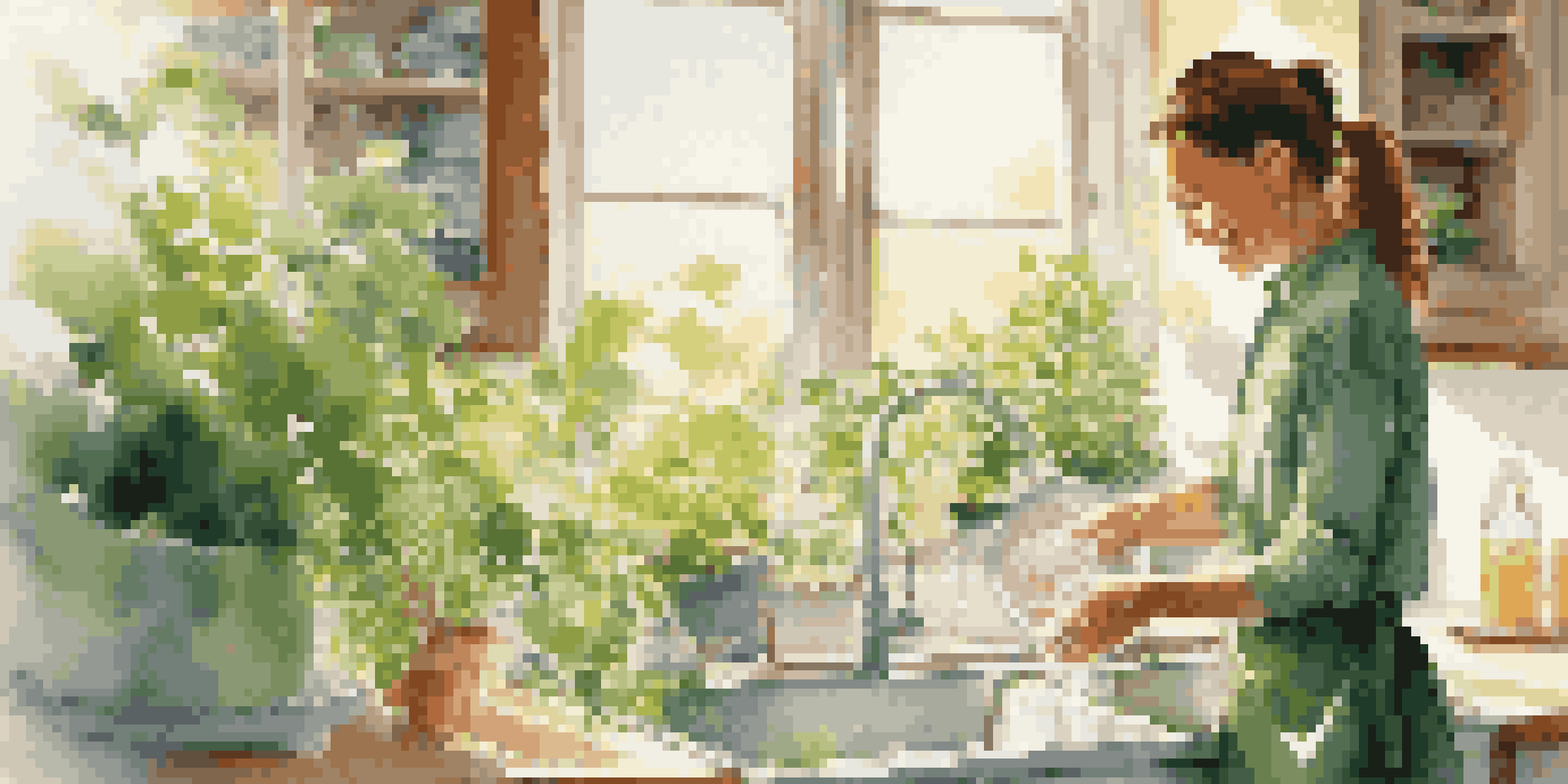 A person happily washing dishes in a sunlit kitchen, surrounded by plants.