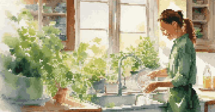 A person happily washing dishes in a sunlit kitchen, surrounded by plants.