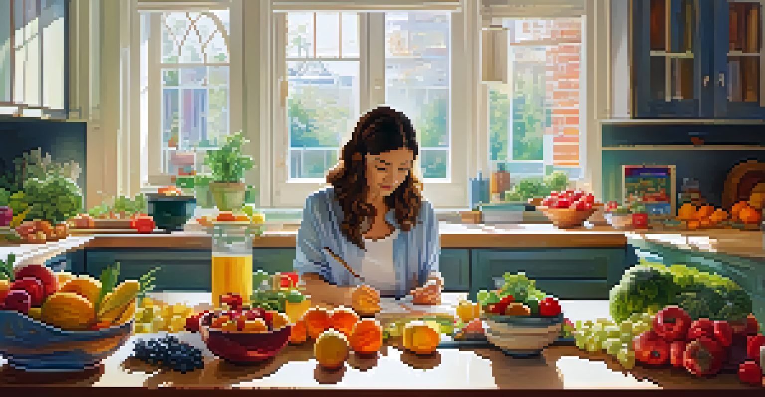 A person writing in a food diary surrounded by colorful fruits and vegetables in a bright kitchen, with sunlight filtering through a window.
