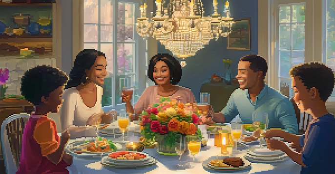 A diverse family gathered around a dinner table, sharing a meal and enjoying each other's company in a warm ambiance.