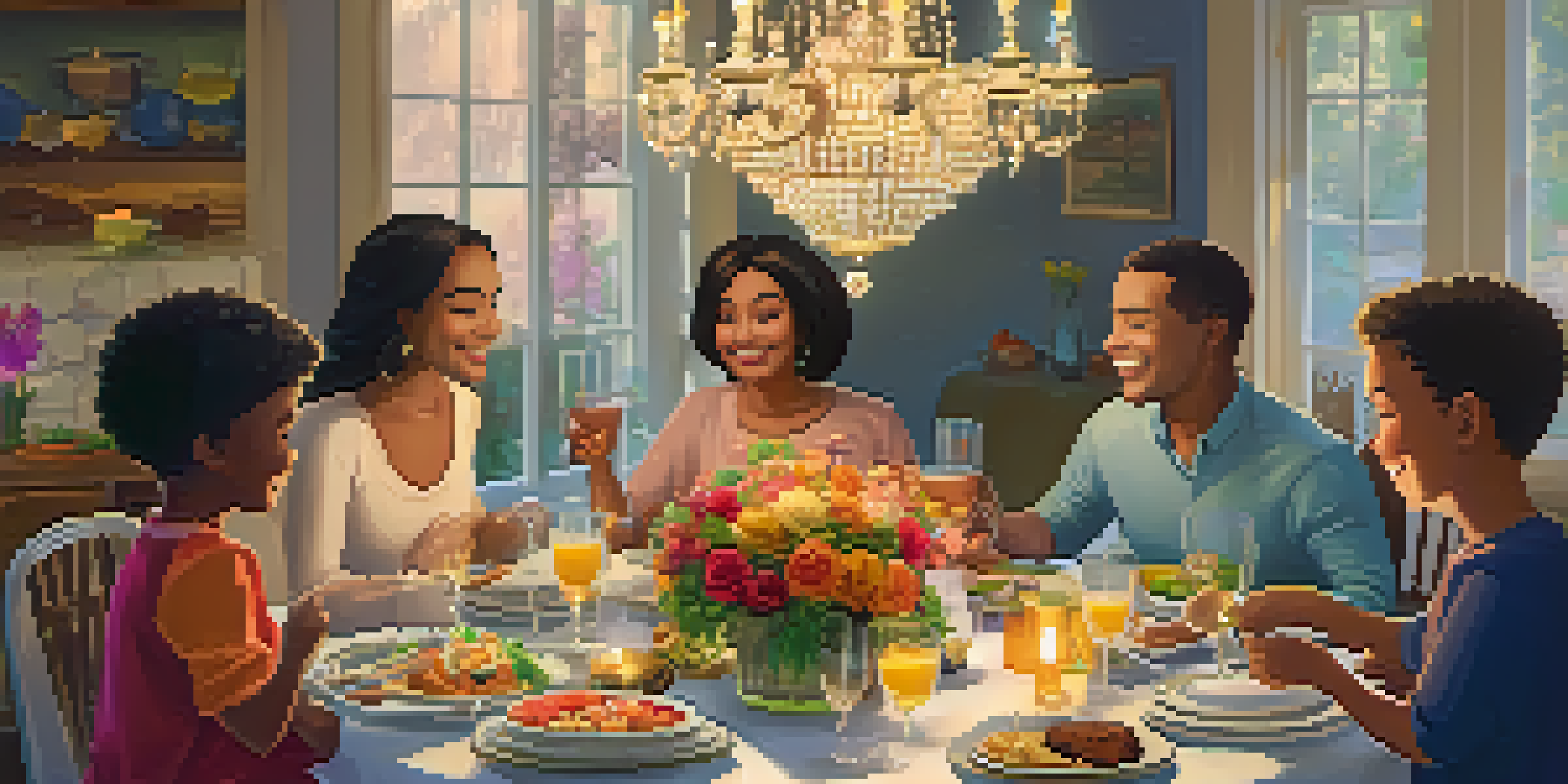 A diverse family gathered around a dinner table, sharing a meal and enjoying each other's company in a warm ambiance.