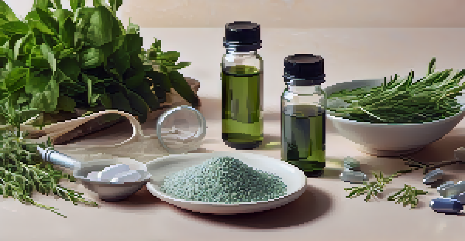 A flat lay of various zinc supplements with fresh herbs and a glass of water, arranged aesthetically.