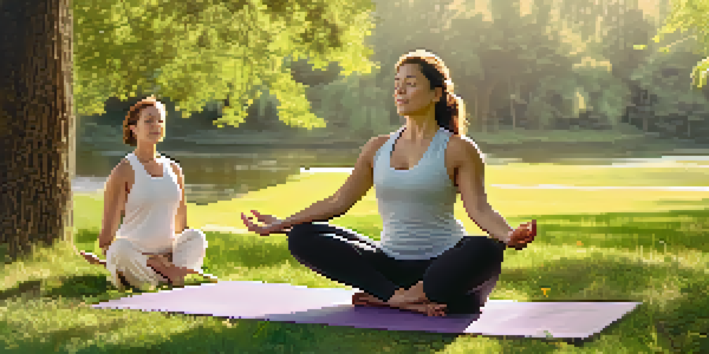 A health and wellness coach demonstrating yoga in a peaceful park with a client following along.