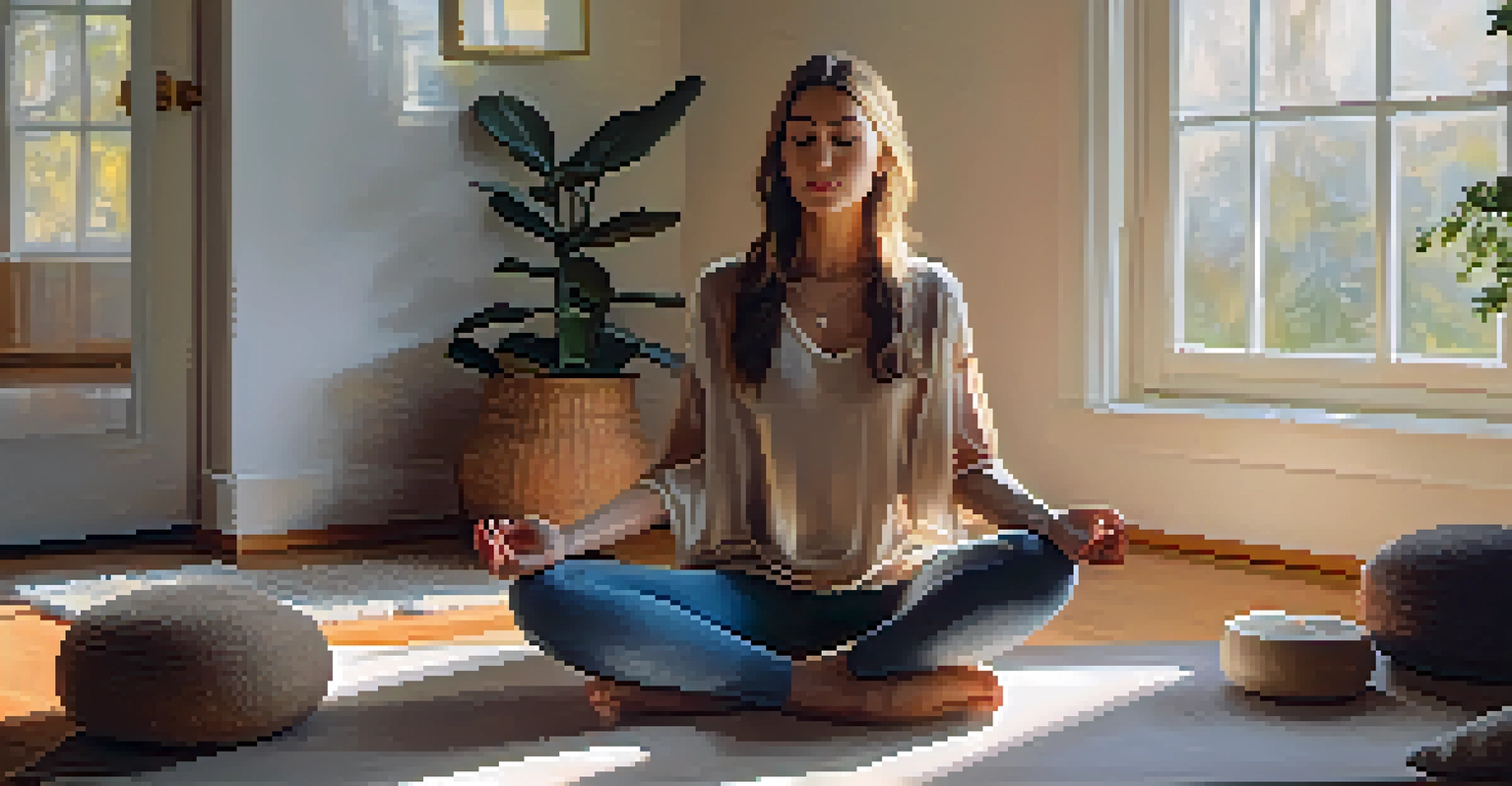 A close-up of a person meditating on a yoga mat in a sunlit room, surrounded by cushions and candles.