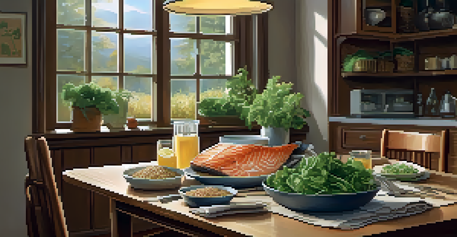 A cozy kitchen table set with a nutritious meal including leafy greens, grilled salmon, whole grains, and lemon water, illuminated by warm light.