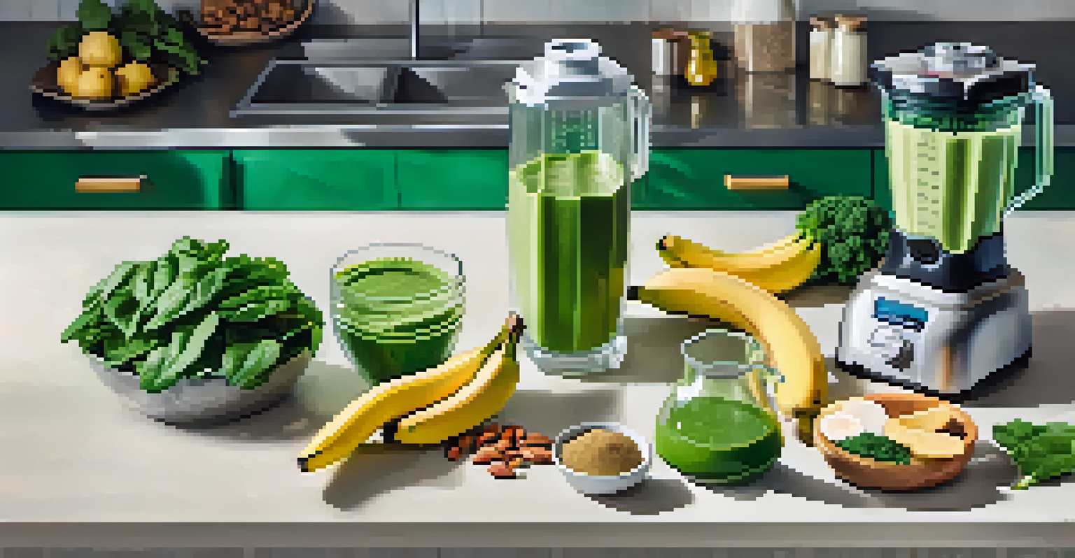 An overhead view of a blender with green smoothie ingredients like spinach and bananas on a kitchen countertop.