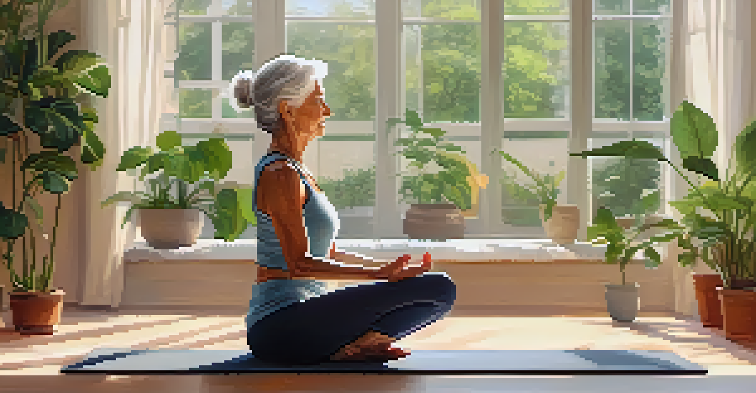 An elderly woman doing yoga in a bright living room, surrounded by plants and natural light.
