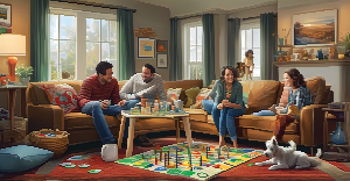 A family of four playing a board game in a cozy living room, surrounded by laughter and family photos.